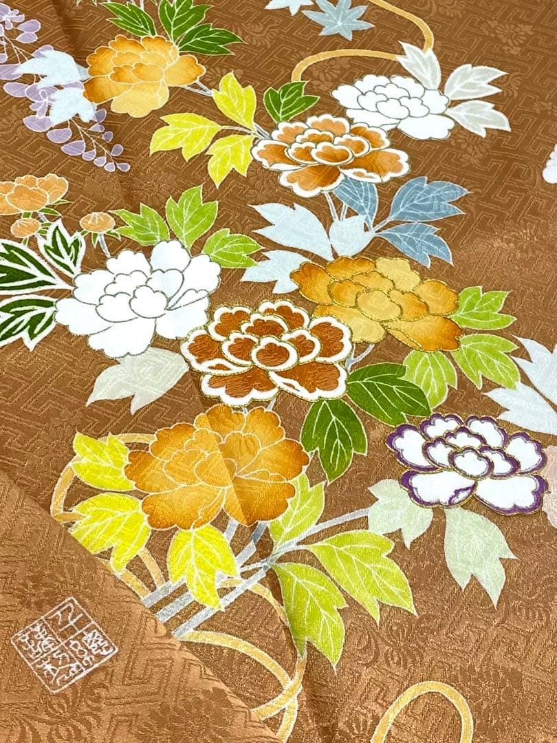 千總謹製 訪問着 落款入 刺繍 金駒 金彩 紋意匠 正絹 躾糸付き K600 