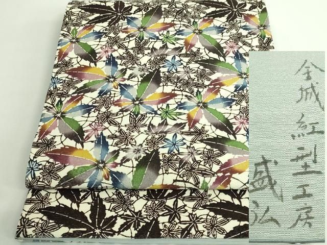 平和屋着物■極上　金城紅型染工房　金城盛弘　本場琉球紅型　太鼓柄袋帯　舞葉文　銀通し地　逸品　DZAB0289kh5 平和屋着物□極上 金城紅型染工房 金城盛弘 本場琉球紅型 太鼓柄袋帯