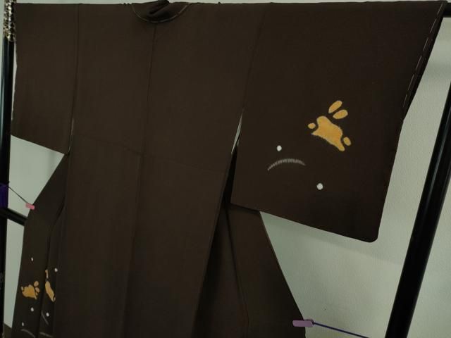 平和屋着物□極上 訪問着 絞り染め 飛兎 うさぎ 露芝 黒鳶色地 鬼しぼ