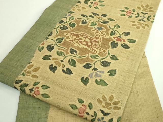 平和屋着物□極上 九寸名古屋帯 生紬 型染め 鹿花文