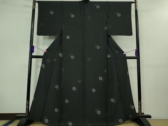 平和屋着物■極上　飛騨印伝　小紋　単衣　雪輪重ね　黒地　反端付き　逸品　DZAB0614kh5 平和屋着物▽極上 飛騨印伝 小紋 単衣 雪輪重ね 黒地 反端付き 逸品