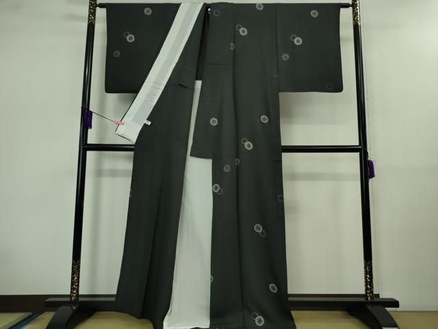 平和屋着物□極上 飛騨印伝 小紋 単衣 雪輪重ね 黒地 反端付き 逸品