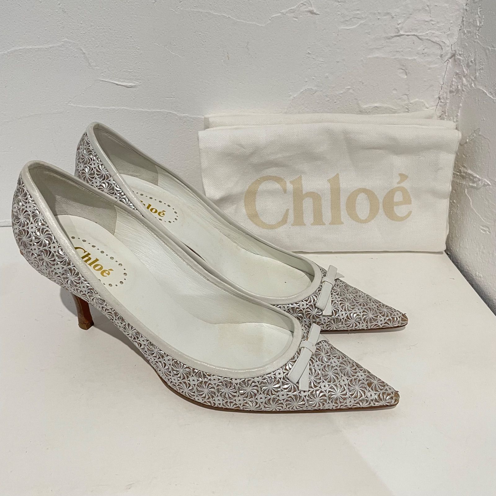 Chloe クロエ パンプス サイズ36 ヒール約7cm リボン シルバー ヒール 