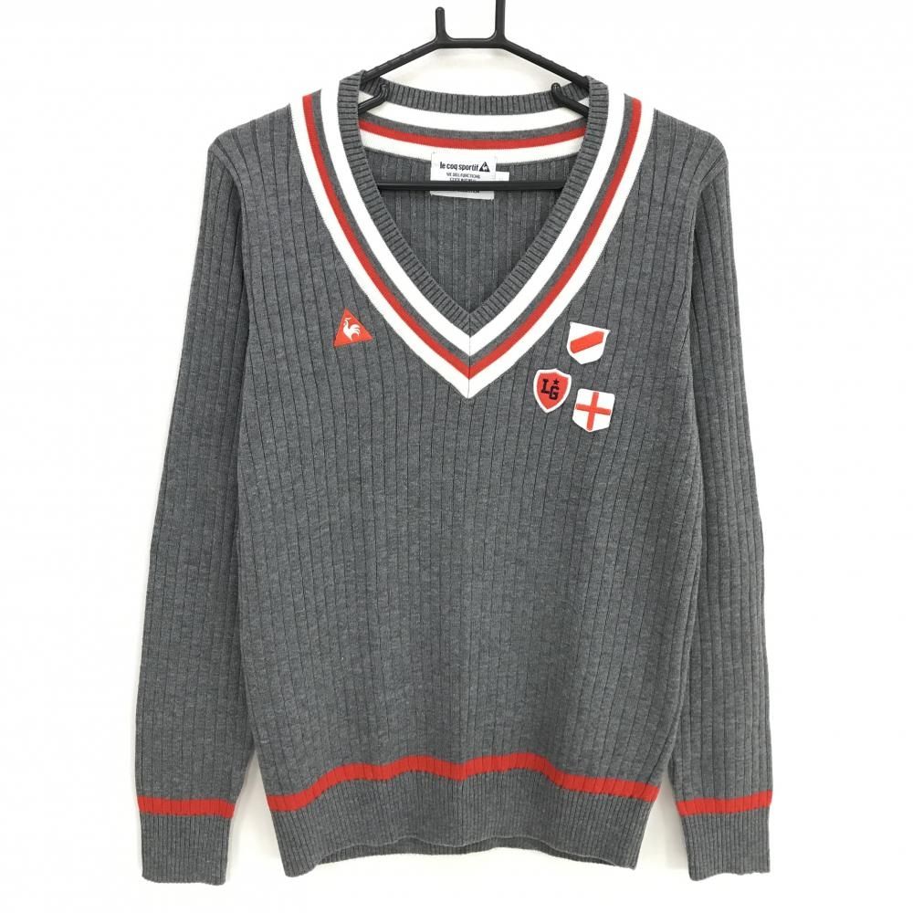 ルコック セーター グレー×白×レッド Vネック レディース LL ゴルフ