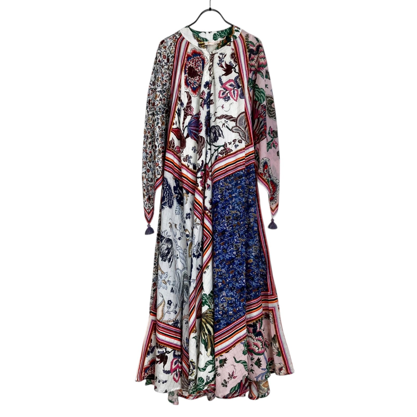 TORY BURCH タッセルトリム花柄マキシ丈ワンピース XS S ピンク系 トリーバーチ 長袖 スカーフ柄 フラワープリント