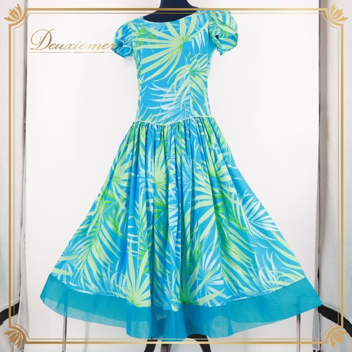 フラダンス 衣装 ワンピース ドレス ブルー系 フラ ダンス ヤシ柄 水色