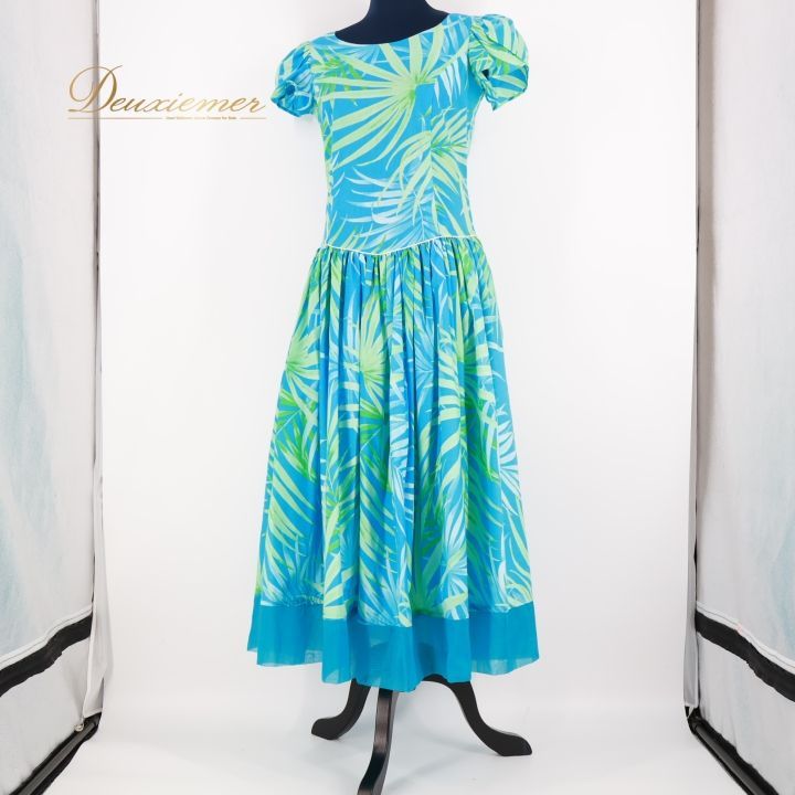 フラダンス 衣装 ワンピース ドレス ブルー系 フラ ダンス ヤシ柄 水色