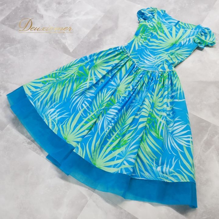 フラダンス 衣装 ワンピース ドレス ブルー系 フラ ダンス ヤシ柄 水色