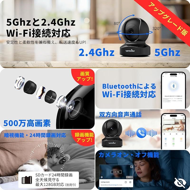 Wansview 500万画素 Q 5ネットワークカメラ 5 GWi-Fi対応室内防犯カメラ 自動追尾 ペットカメラ ワイヤレス監視カメラ AI検知 ベビーモニター 360度ベビー老人ペット見守り 常時録画 動体検知 双方向音声 暗視撮影 Alexa対応 アプ 0