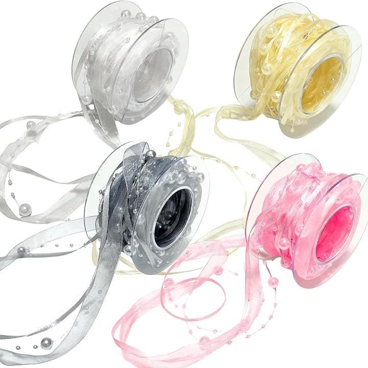 3world DIY ラッピング リボン オーガンジー サテン パール コンビネーション 4色セット (WIPG（ホワイト，アイボリー，ピンク，グレ)