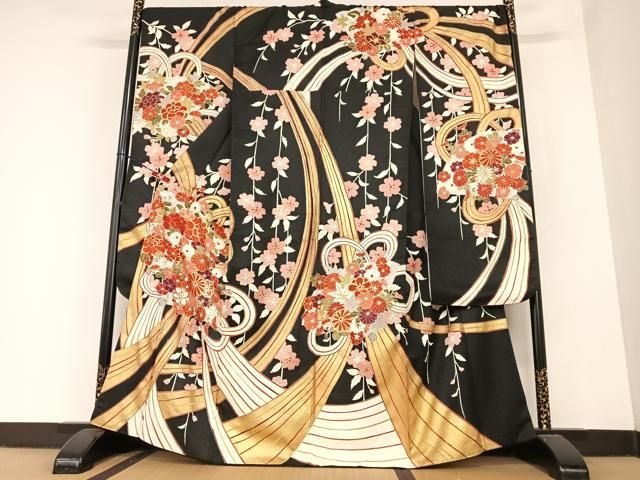 平和屋着物●豪華振袖　蔓帯花文　黒地　金彩　正絹　逸品　AABC0189zg 平和屋着物○豪華振袖 蔓帯花文 黒地 金彩 正絹 逸品 AABC0189zg