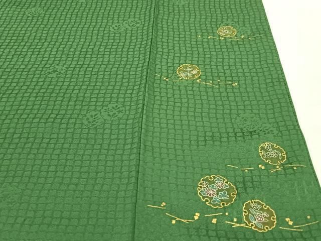 平和屋着物●上質な色無地　作家物　草花地紋　深緑色　正絹　逸品　AABC0206zg 平和屋着物○上質な色無地 作家物 草花地紋 深緑色 正絹 逸品