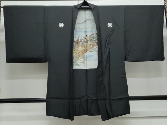 平和屋着物○男性 黒紋付 羽織セット 人物風景文 正絹 逸品 CAAY9584th  