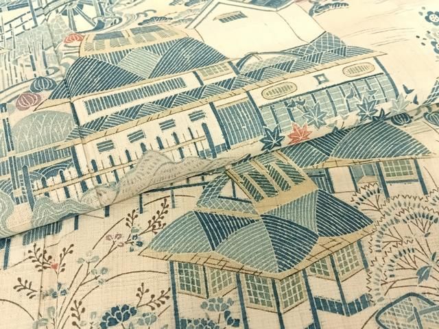 平和屋着物○染織の名門 しょうざん 生紬 訪問着 友禅 風景草花文