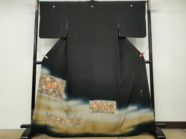 平和屋着物○京友禅の第一人者 松井青々 黒留袖 駒刺繍 更紗花文 暈し