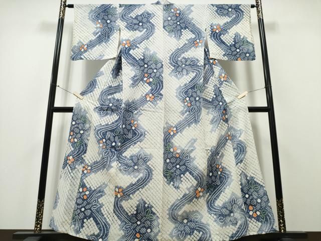 藍染め絞り網目文様木綿単衣 N4「片野元彦」藍染絞り作家 有松鳴海絞り