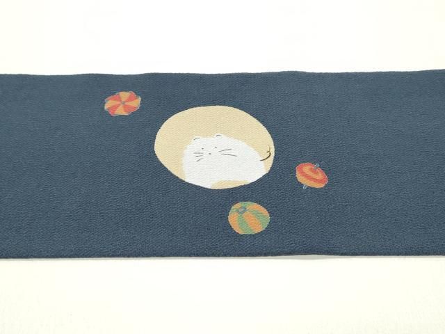 平和屋着物○九寸名古屋帯 玩具文 猫 ねこ 留紺色 鬼しぼ縮緬 正絹