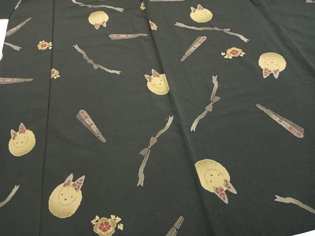 平和屋着物▽小紋　単衣　扇面花文　兎　黒地　洗える着物　AABC3853fy 平和屋着物▽小紋 単衣 扇面花文 兎 黒地 洗える着物 AABC3853fy