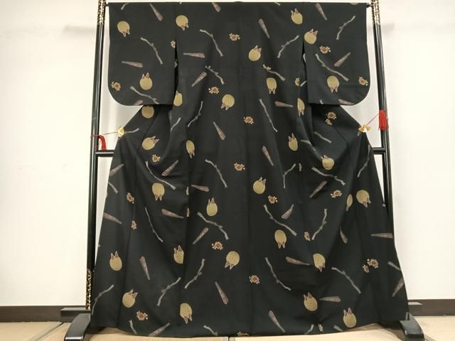 平和屋着物▽小紋　単衣　扇面花文　兎　黒地　洗える着物　AABC3853fy 平和屋着物▽小紋 単衣 扇面花文 兎 黒地 洗える着物 AABC3853fy