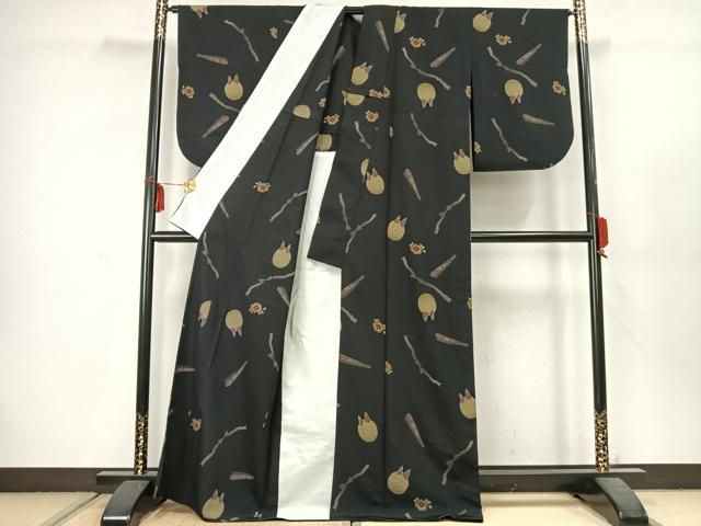 平和屋着物▽小紋　単衣　扇面花文　兎　黒地　洗える着物　AABC3853fy 平和屋着物▽小紋 単衣 扇面花文 兎 黒地 洗える着物 AABC3853fy