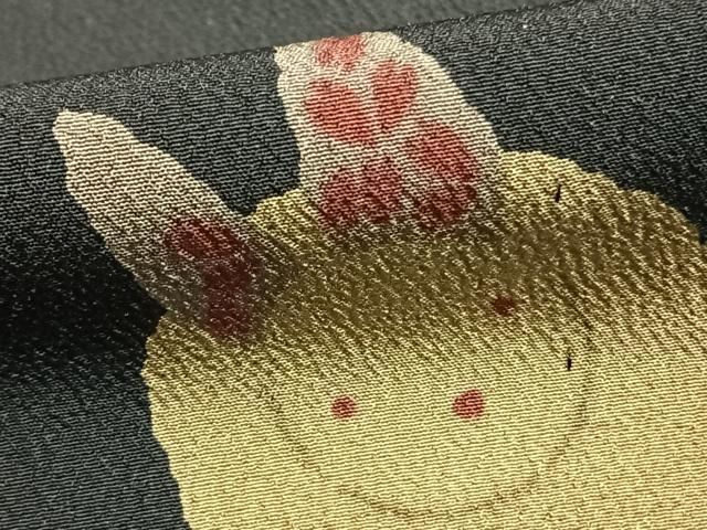 平和屋着物▽小紋 単衣 扇面花文 兎 黒地 洗える着物 AABC3853fy