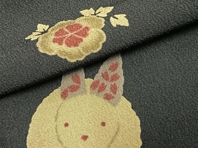 平和屋着物▽小紋　単衣　扇面花文　兎　黒地　洗える着物　AABC3853fy 平和屋着物▽小紋 単衣 扇面花文 兎 黒地 洗える着物 AABC3853fy