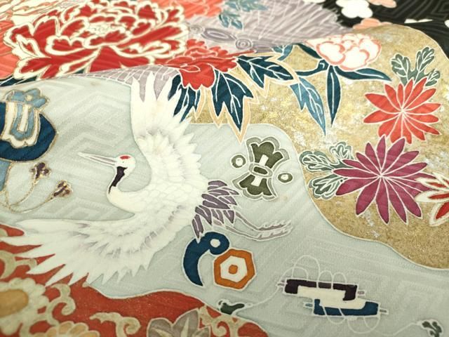 平和屋2□豪華振袖 駒刺繍 御所車飛鶴花文 暈し染め 金銀彩 逸品