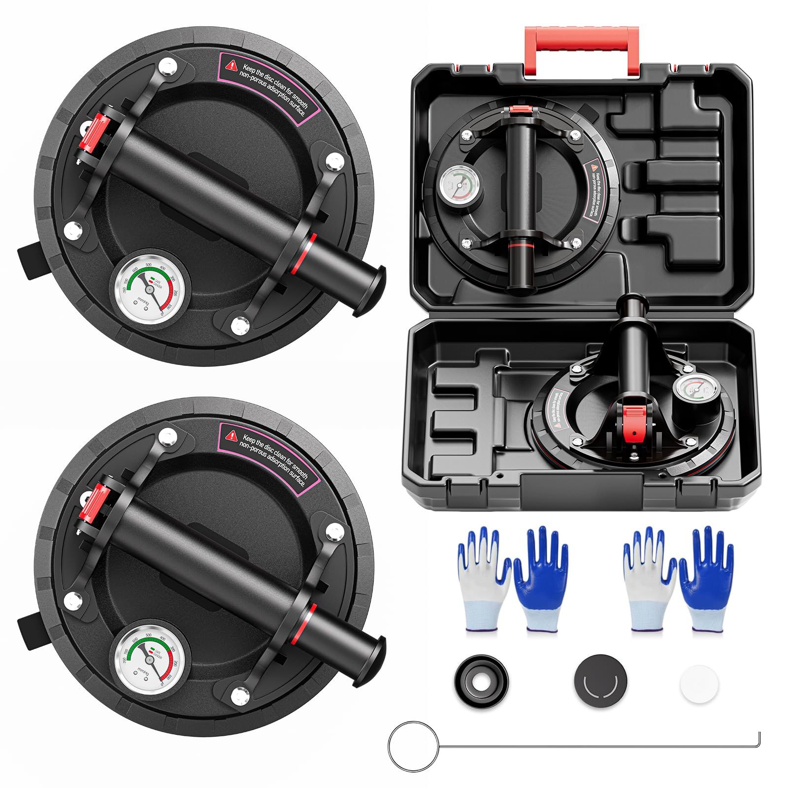 SPECILITE 20cm 頑丈ガラス吸盤2個セット 工業用バキュームリフター 耐荷重400kg 圧力計付き 収納ボックス&手袋付属 大型タイル 大理石 窓の持ち上げに最適 ブラック