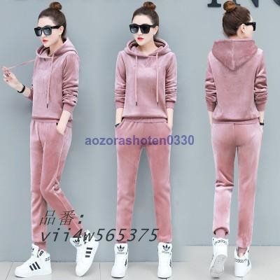 ベルベットセットアップ レディース 上下セット フード付き プルオーバー トレーナー ロングパンツ スポーツウェア 運動着 ジョグパンツ vii4w565375