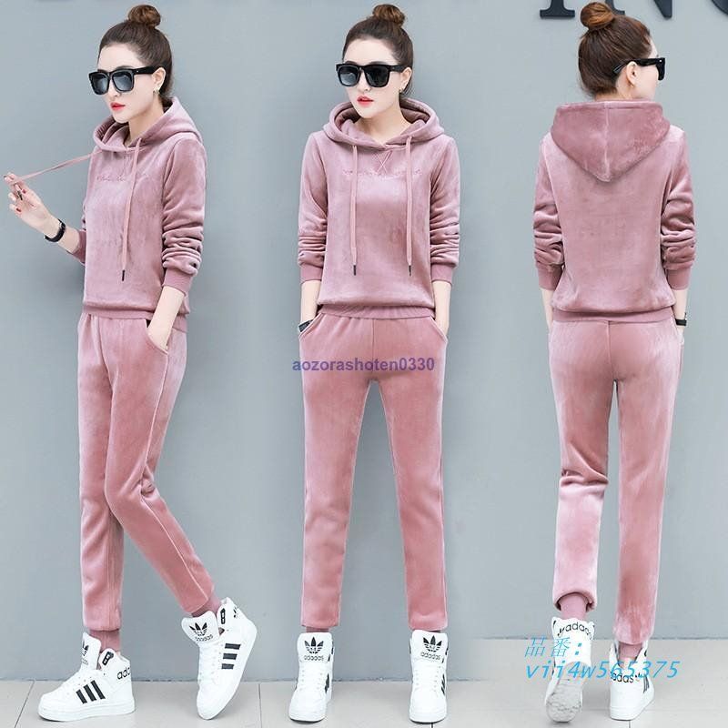 ベルベットセットアップ レディース 上下セット フード付き プルオーバー トレーナー ロングパンツ スポーツウェア 運動着 ジョグパンツ vii 4 w 565375