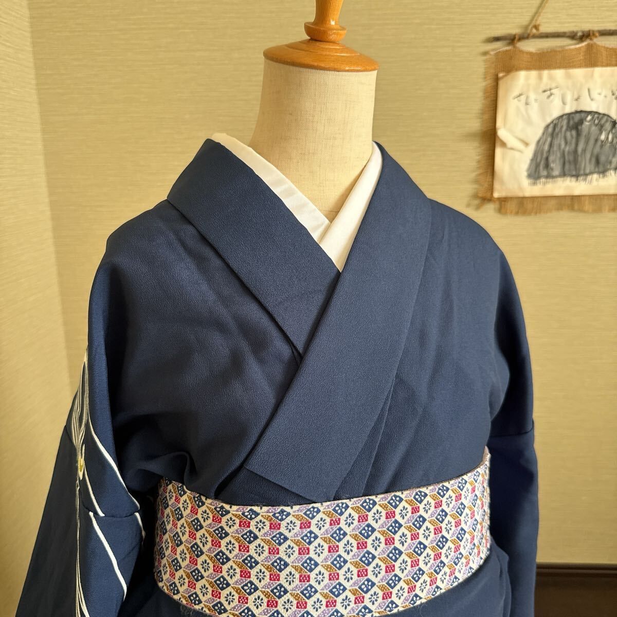 き729】訪問着風 小紋 単衣 紺地 流線模様 正絹 上品 モダン おしゃれ