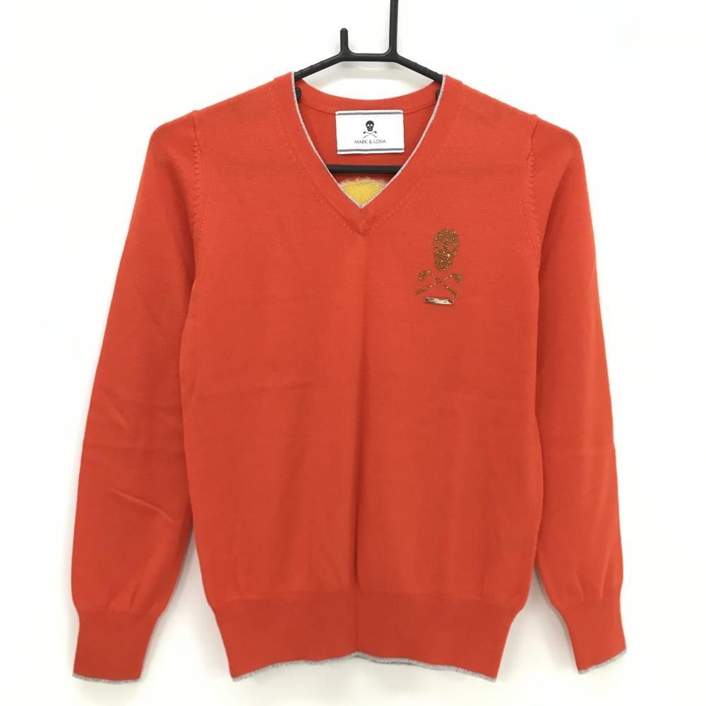美品】マークアンドロナ セーター オレンジ×イエロー 背面ビッグスカル