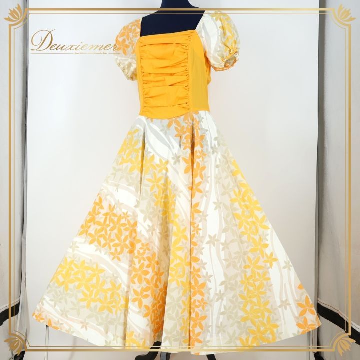 【美品 日本製 フラダンス衣装】イエロー Paondor ワンピース ドレス 黄 フラダンス 衣装 ワンピース ドレス イエロー系 パンドール 花柄 黄 白