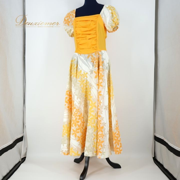 【美品 日本製 フラダンス衣装】イエロー Paondor ワンピース ドレス 黄 フラダンス 衣装 ワンピース ドレス イエロー系 パンドール 花柄 黄 白