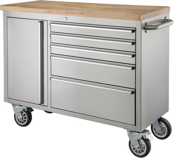 ツールキャビネット 移動式 ワゴン ステンレス 天然木 ラバーウッド ウレタン塗装 作業台 キッチン 整備 工具 工場 W137×D49×H95 88.0kg