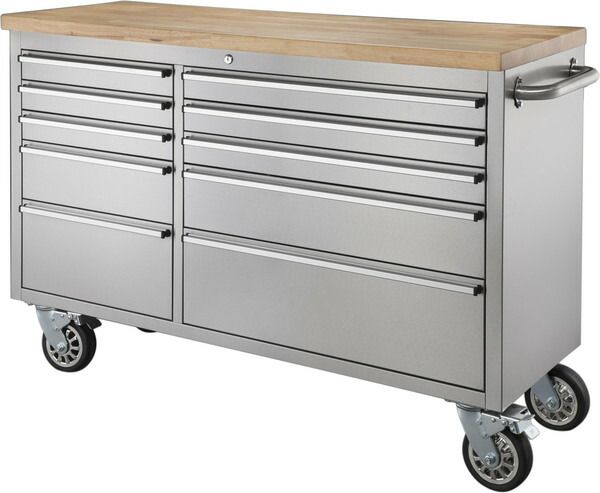 ツールキャビネット 移動式 ワゴン ステンレス 天然木 ラバーウッド ウレタン塗装 作業台 キッチン 整備 工具 工場 W157×D49×H95 108.5kg