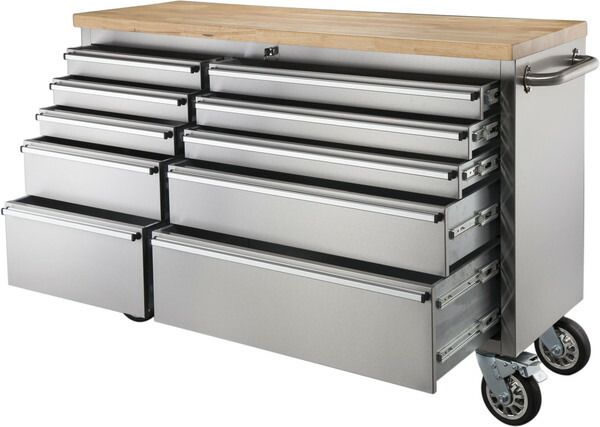 ツールキャビネット 移動式 ワゴン ステンレス 天然木 ラバーウッド ウレタン塗装 作業台 キッチン 整備 工具 工場 W157×D49×H95 108.5kg