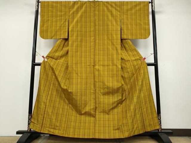 平和屋着物 黄八丈 紬 格子柄 正絹 CAAZ2589ut