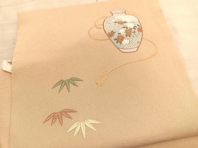 平和屋着物 つけ帯 総刺繍 陶器笹花文 鬼しぼ縮緬 正絹 BAAV5472hv