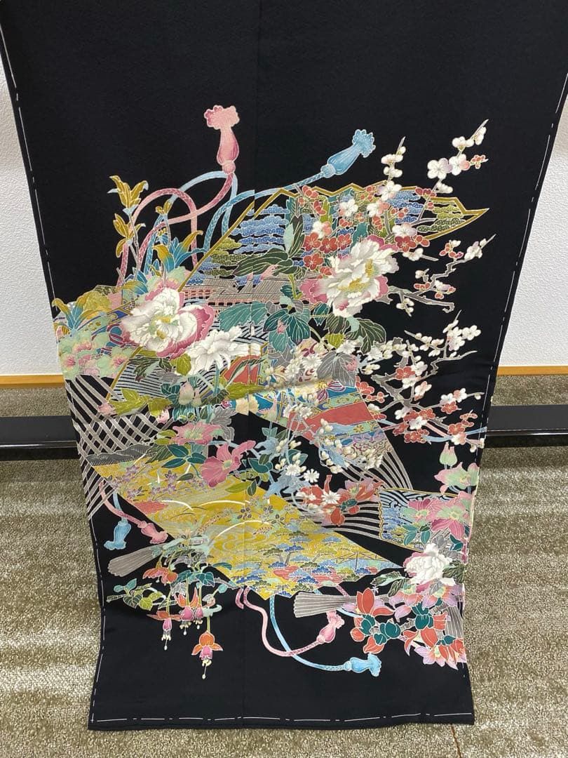 加賀友禅 宮野勇造 黒留袖 落款入 仮絵羽 未仕立て品 「華扇」正絹 八