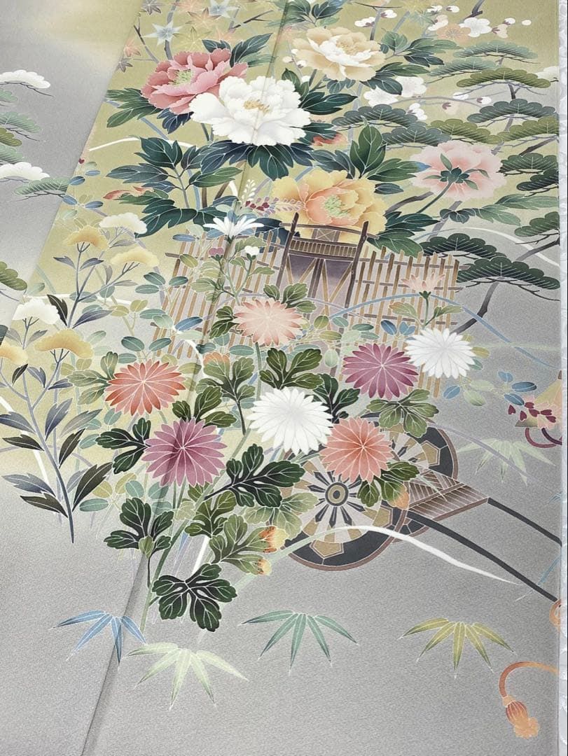 正絹　訪問着　田村哲彦(加賀草木友禅の第一人者) 加賀草木友禅 田村哲彦 訪問着 落款入 四季草花 花車 正絹 KH171