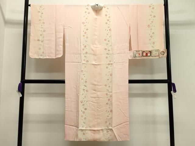 平和屋着物○長襦袢 袷 紅花染 舞桜文 暈し染め 反端付き 正絹 逸品 未