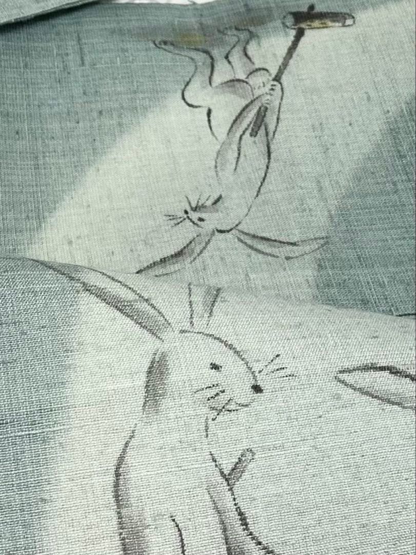 素描き 手描き 兎 餅つき 紬地 九寸名古屋帯 三日月 金彩 正絹 H684 