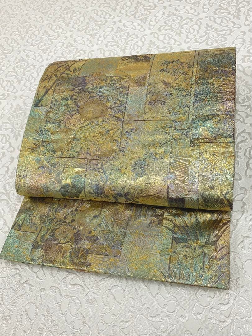 西陣あさぎ 近代花鳥画 両面袋帯 鳥 リス 動物 木蓮 竹笹 日本美術名鑑 