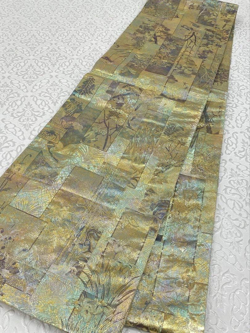 西陣あさぎ 近代花鳥画 袋帯 リス 鳥 動物 正絹 全通 H313 西陣あさぎ 近代花鳥画 袋帯 リス 鳥 動物 正絹 全通 H313