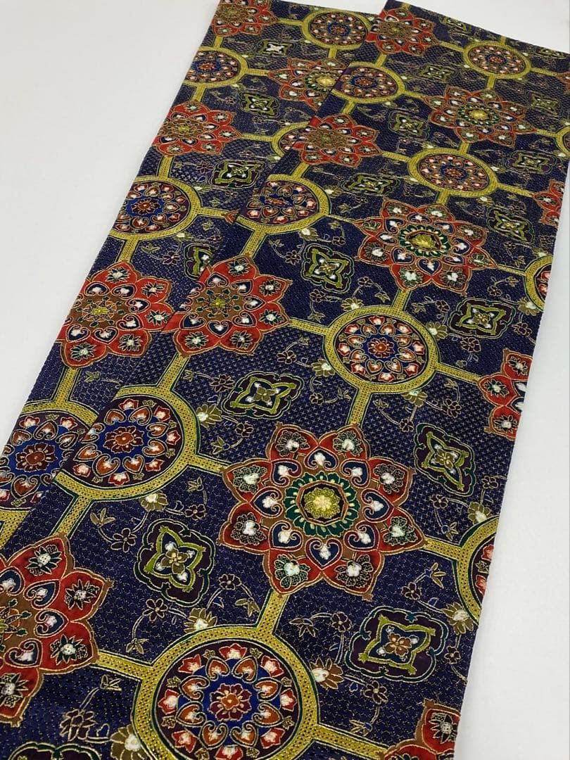 蘇州刺繍 汕頭刺繍 大華紋 袋帯 金彩 唐花 カラー芯 正絹 六通 Q757 蘇州刺繍 汕頭刺繍 大華紋 袋帯 金彩 唐花 カラー芯 正絹 六通 Q757