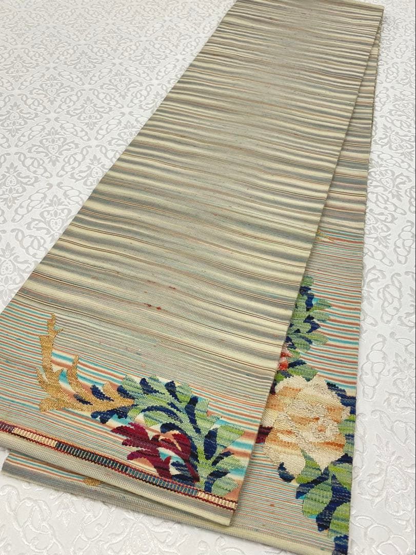 特選 山鹿清華 手織錦 綴れ織 袋帯 薔薇 金糸 正絹 お太鼓柄 桐箱付き 特選 山鹿清華 手織錦 綴れ織 袋帯 薔薇 金糸 正絹 お太鼓柄 桐箱付き