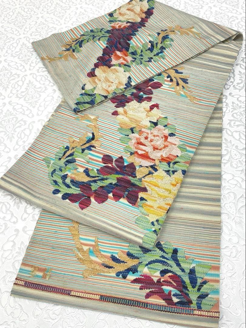 特選 山鹿清華 手織錦 綴れ織 袋帯 薔薇 金糸 正絹 お太鼓柄 桐箱付き