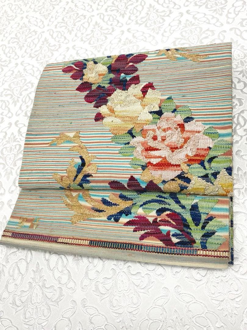 特選 山鹿清華 手織錦 綴れ織 袋帯 薔薇 金糸 正絹 お太鼓柄 桐箱付き