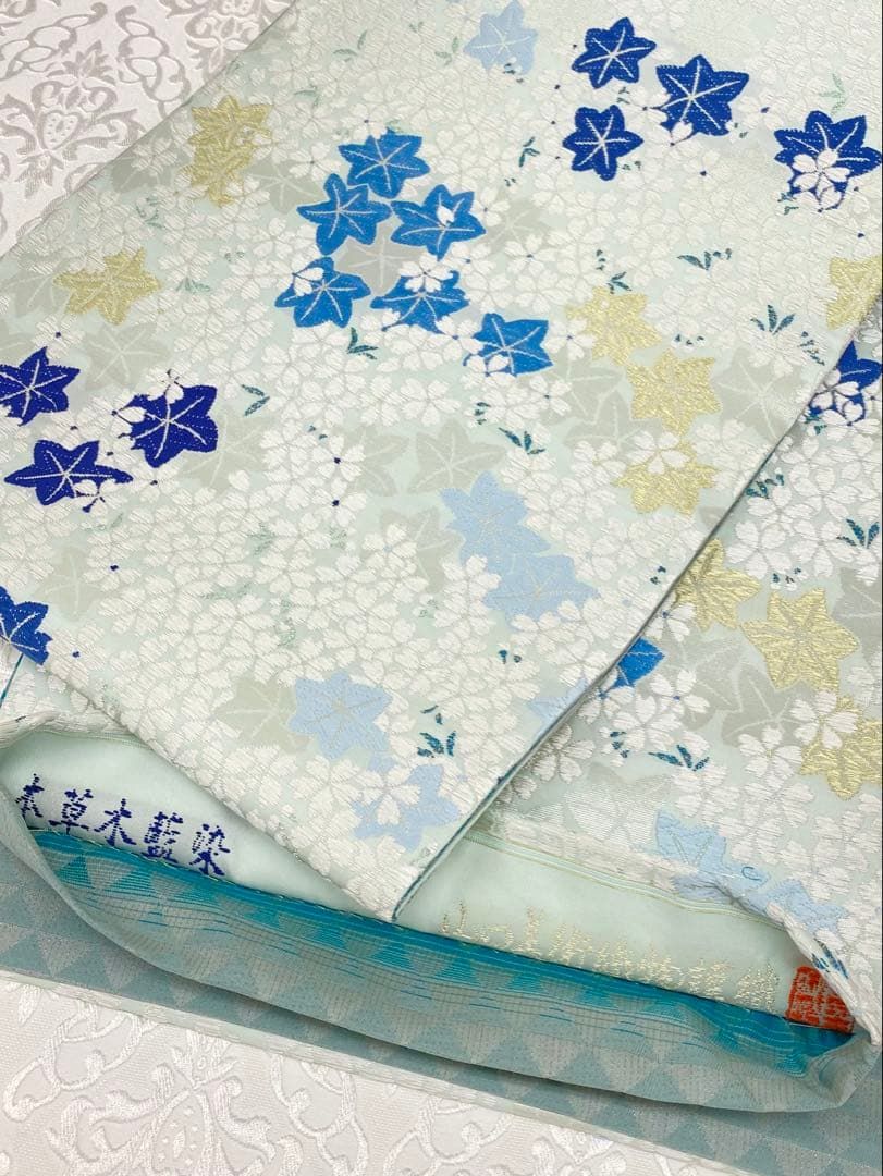 本草木藍染 山口美術織物 唐織 袋帯 楓に桜 新品未使用 金糸 銀糸 正絹